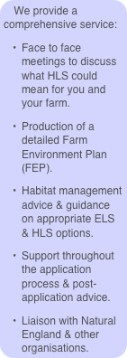 We provide a comprehensive service: 
Face to face meetings to discuss what HLS could mean for you and your farm. 
Production of a detailed Farm Environment Plan (FEP).
Habitat management advice & guidance on appropriate ELS & HLS options.
Support throughout the application process & post-application advice.
Liaison with Natural England & other organisations.
Advice about habitat creation.
