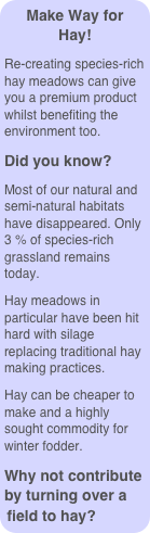 Make Way for Hay!
Re-creating species-rich hay meadows can give you a premium product whilst benefiting the environment too.
Did you know?
Most of our natural and semi-natural habitats have disappeared. Only 3 % of species-rich grassland remains today.
Hay meadows in particular have been hit hard with silage replacing traditional hay making practices.
Hay can be cheaper to make and a highly sought commodity for winter fodder.
Why not contribute by turning over a field to hay?